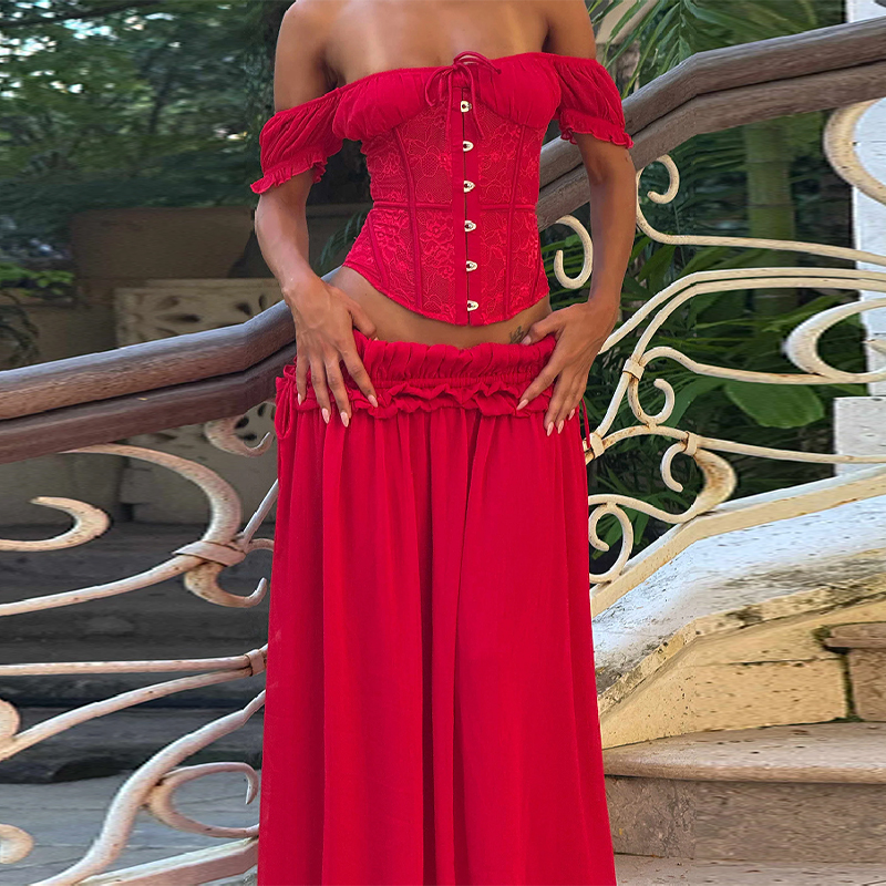 Chic Red Off Shoulder Corset T - Elastic Lace Trim ulasan dan harga