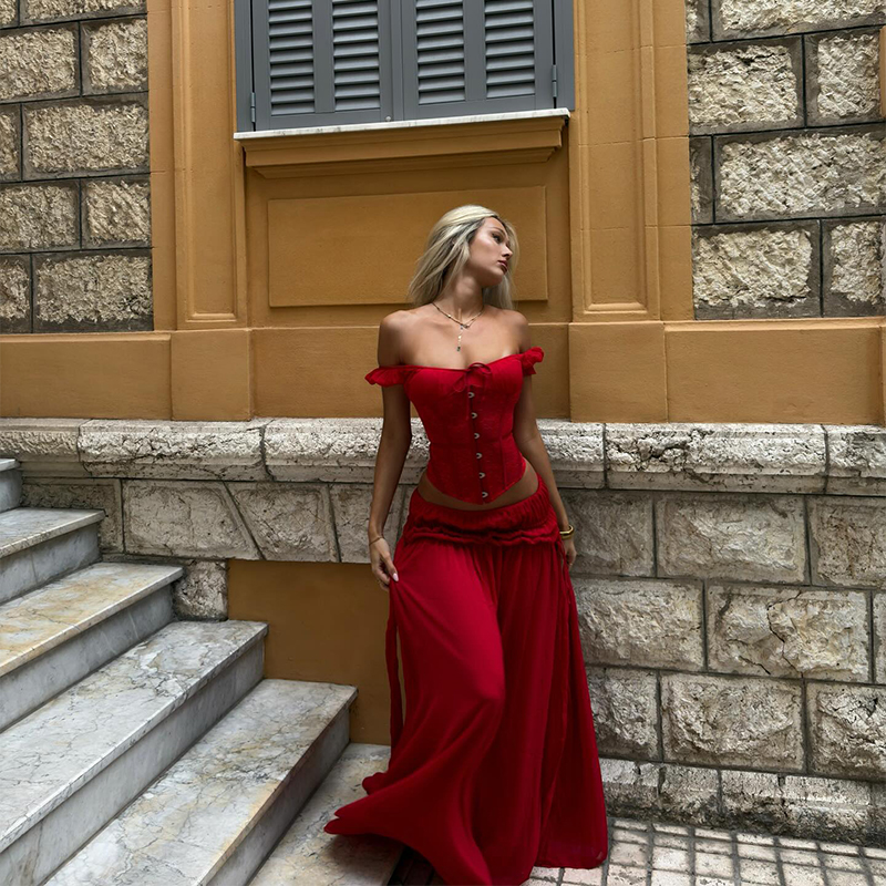Chic Red Off Shoulder Corset T - Elastic Lace Trim ulasan dan harga