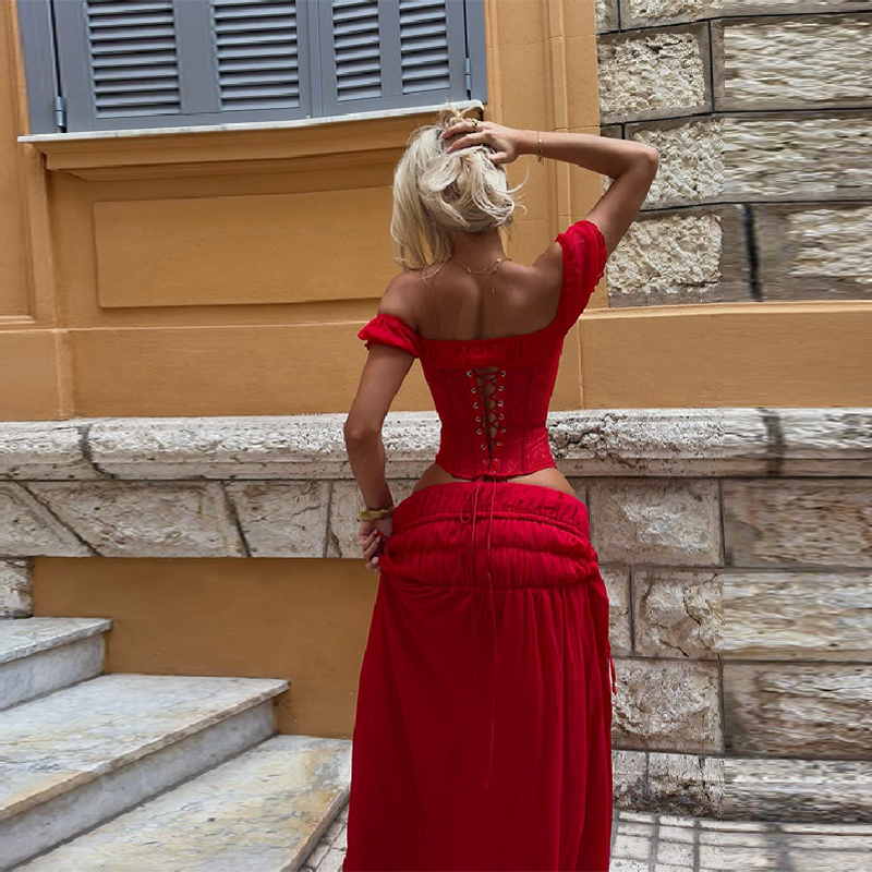 Chic Red Off Shoulder Corset T - Elastic Lace Trim ulasan dan harga
