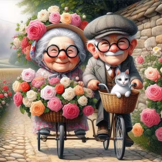 Cartoon Happy Old Couple 5D Fu - Embroidery Embellishments ulasan dan harga