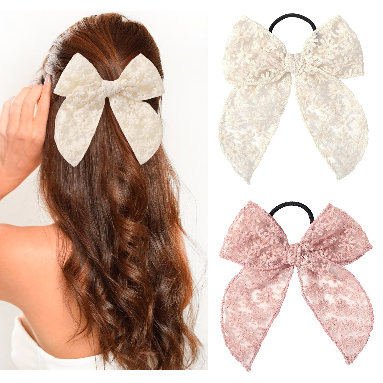 Elegant Lace Bow Hair Tie for  - Elastic Lace Trim ulasan dan harga