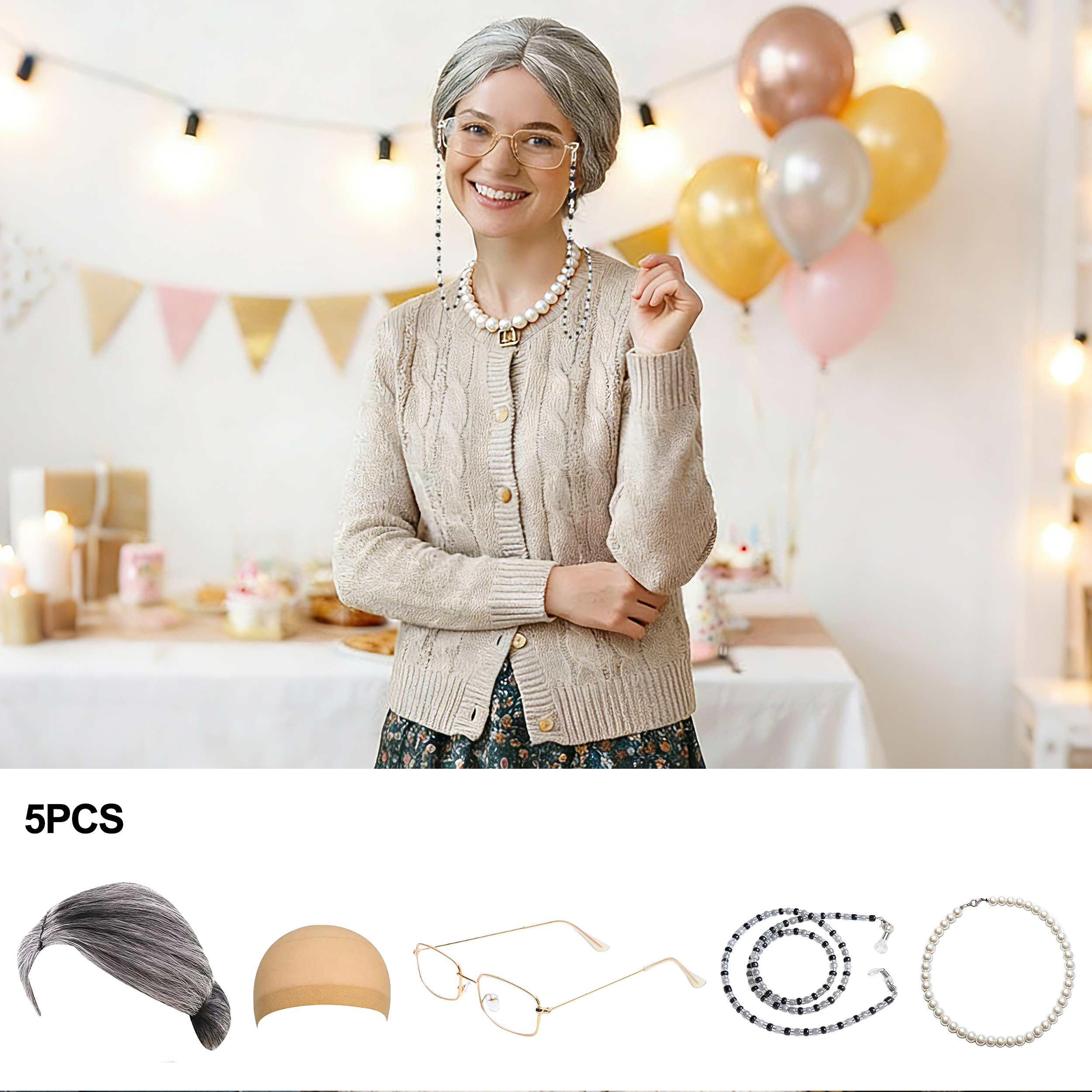 5Pcs Old Lady Costume Set Gran - Pearl Trim Chain ulasan dan harga