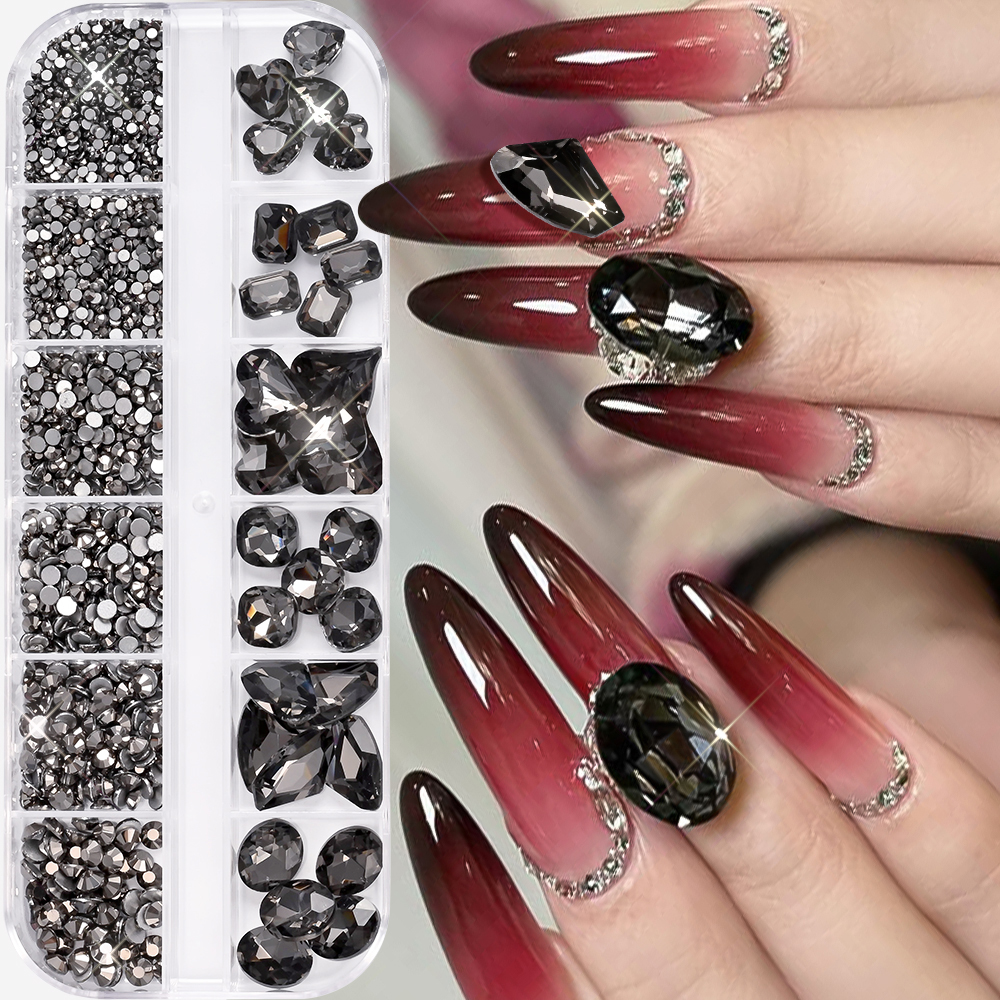 12Grids 3D Black Heart/Square/ - Hotfix Rhinestone Sheet ulasan dan harga