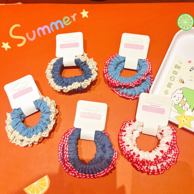 Lace Trim Denim Hair Ties Red  - Elastic Lace Trim ulasan dan harga