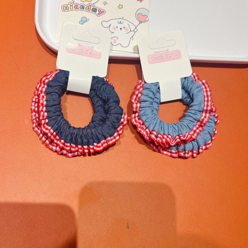 Lace Trim Denim Hair Ties Red  - Elastic Lace Trim ulasan dan harga