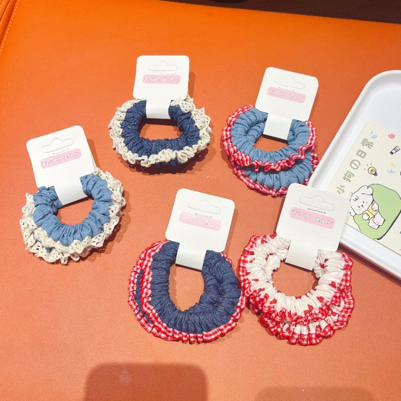 Lace Trim Denim Hair Ties Red  - Elastic Lace Trim ulasan dan harga
