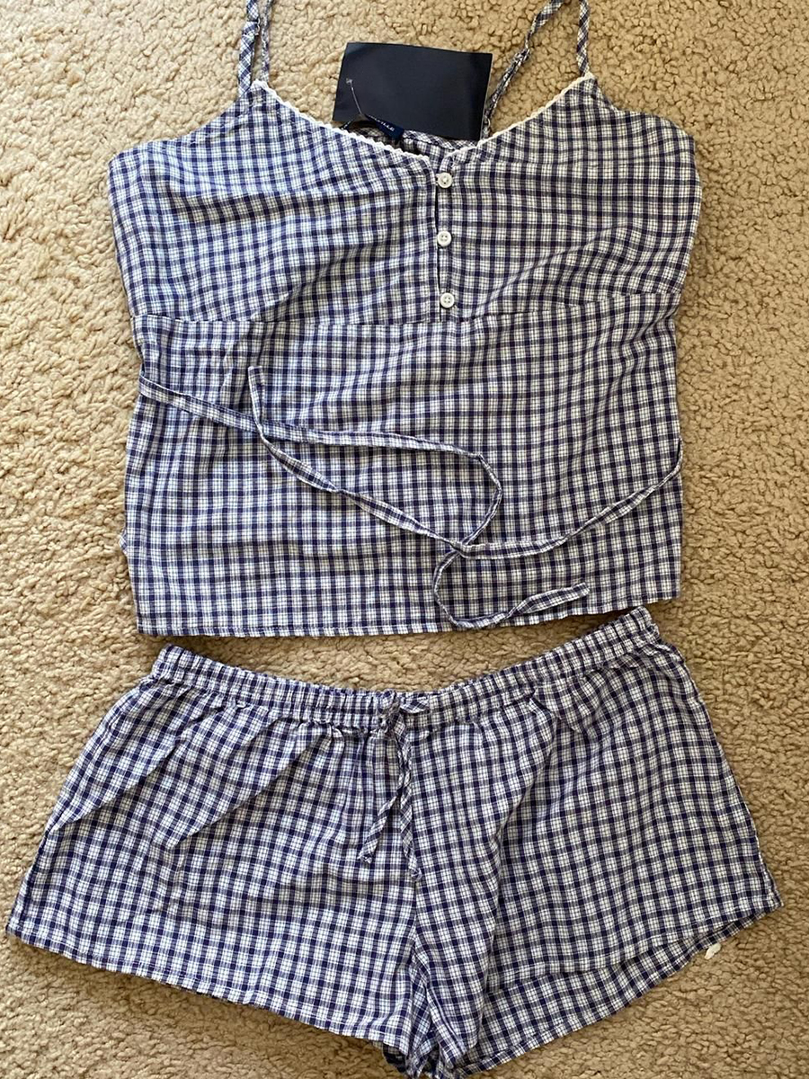 Navy Plaid Tank Shorts 2 Piece - Elastic Lace Trim ulasan dan harga