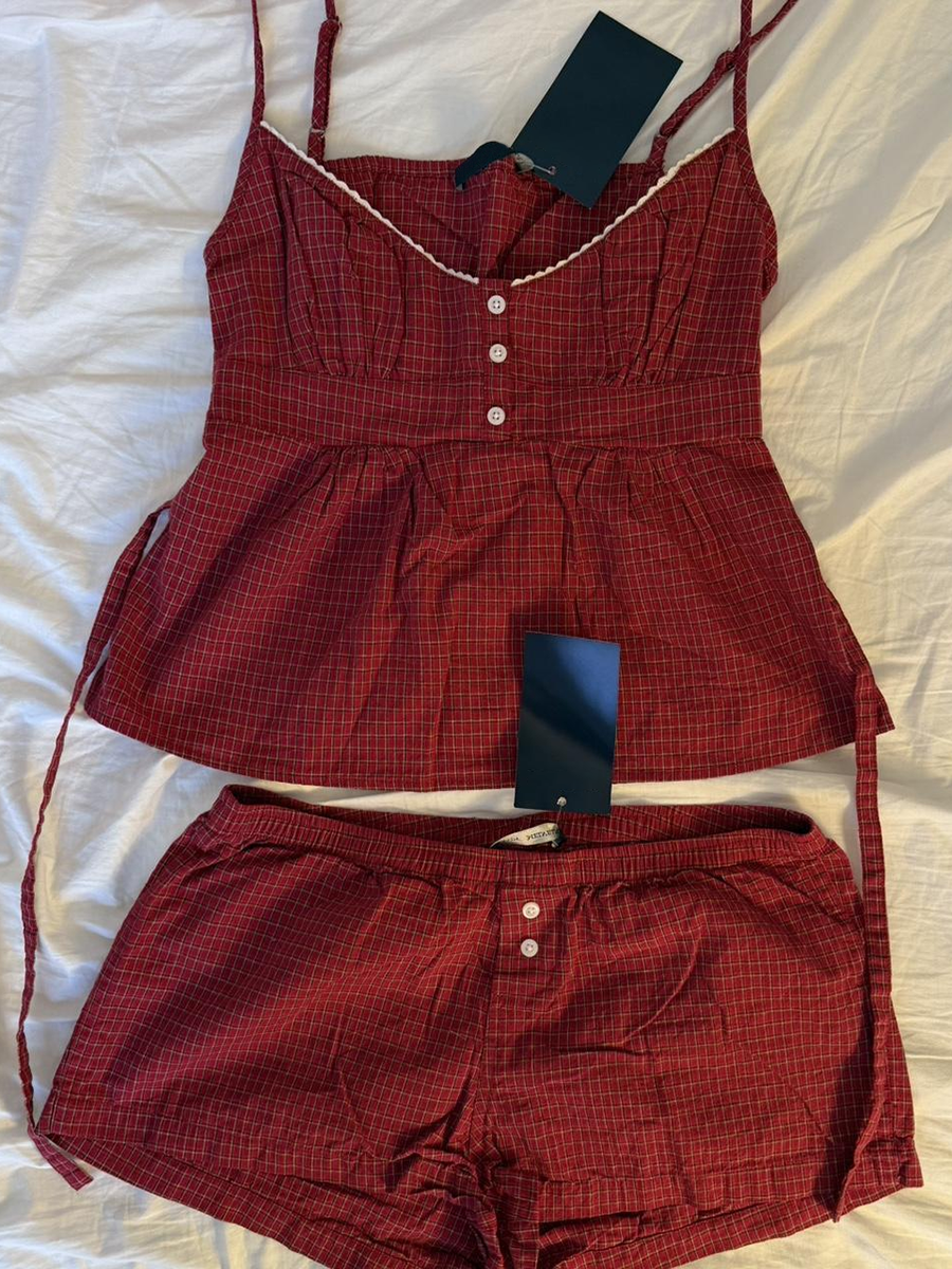 Red Plaid Buttons Tank Shorts  - Elastic Lace Trim ulasan dan harga